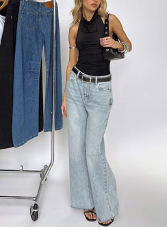 front view of model wearing Princess Polly Henesey High Rise Straight Leg Jeans Light Wash Mid Rise Jeans 