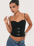 Bustier top Underwire with soft cups, adjustable straps, buckle detail, exposed zip fastening  Non-stretch material, lined bust