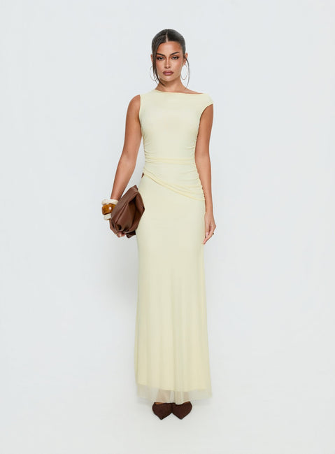 Krystyna Off Shoulder Ruched Mesh Maxi Dress Butter | Princess Polly Krystyna Off Shoulder Ruched Mesh Maxi Dress Butter | Princess Polly