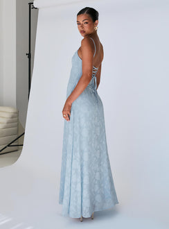 side view of model wearing Princess Polly South Of France Maxi Dress Blue Square Neck 