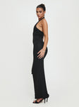 side view of model wearing Princess Polly Spicy Maxi Dress Black Petite Plunger 