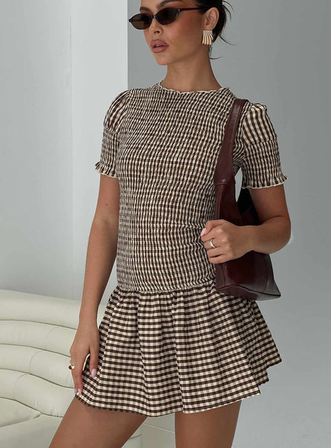 brown plaid dress princess polly Laurita Shirred Mini Dress | Brown Check | Womens