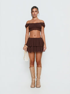 Ackee Ruched Off Shoulder Top Brown