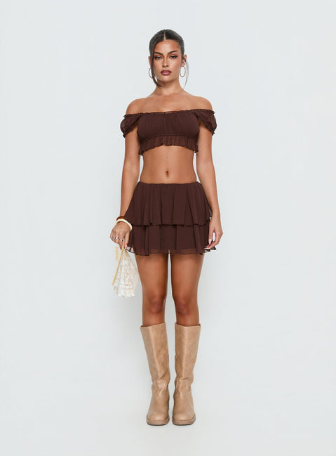 Ackee Ruched Off Shoulder Top Brown