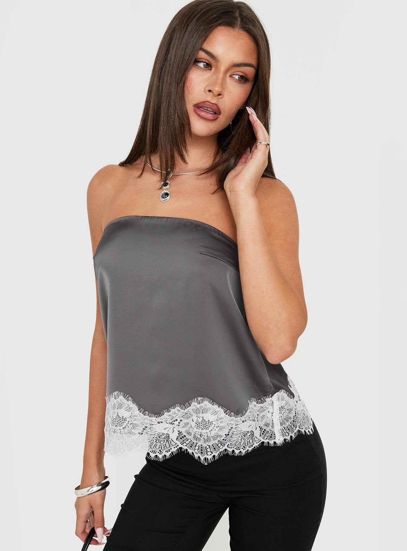 Sheyla Strapless Satin Lace Trim Top Grey / White