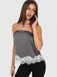 Sheyla Strapless Satin Lace Trim Top Grey / White