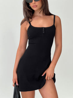 front view of model wearing Princess Polly Baseline Rib Mini Dress Black Square Neck 