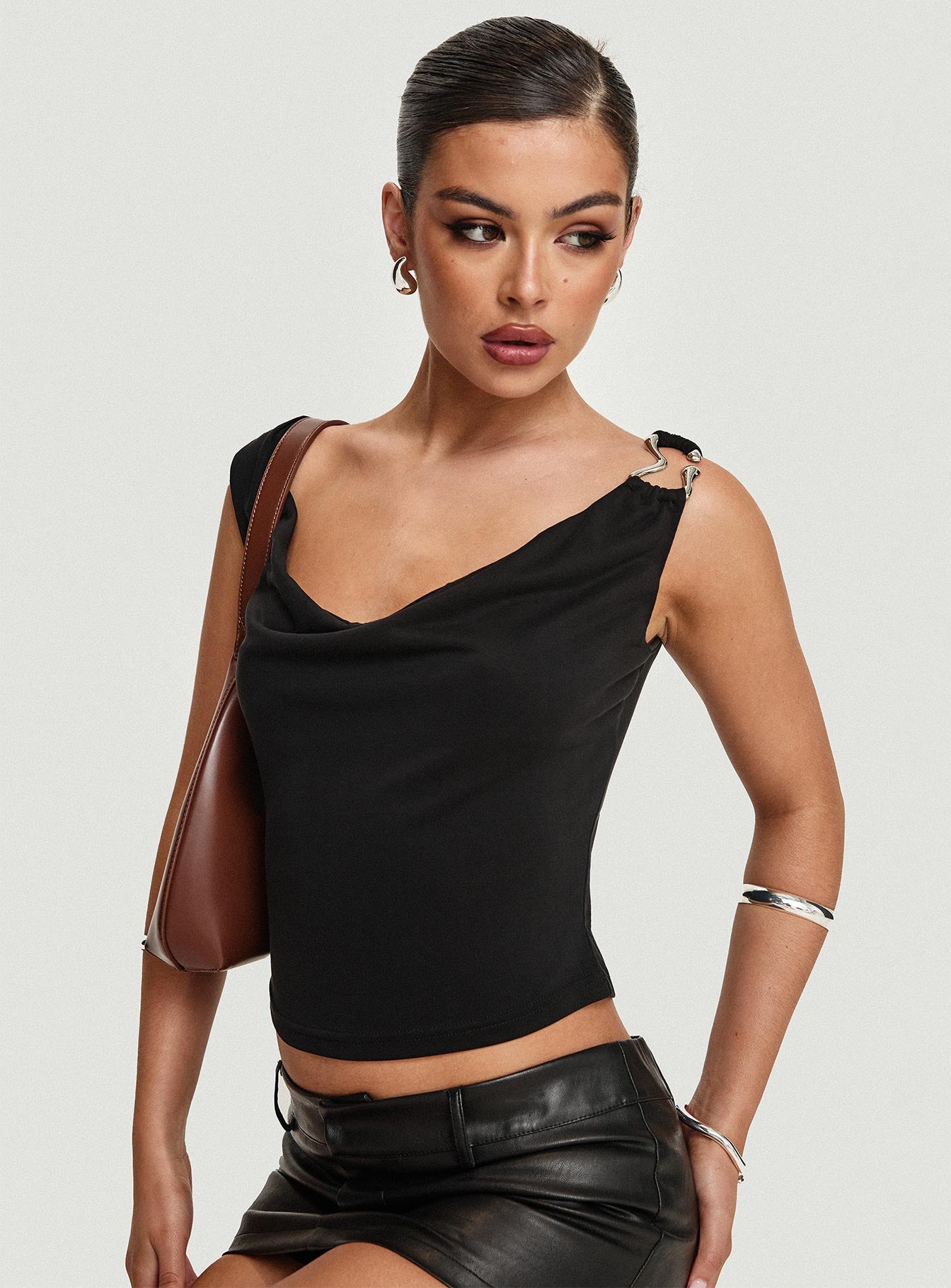front view of model wearing Princess Polly Quincey Cowl Neck Top Black Sleeveless Cowl 