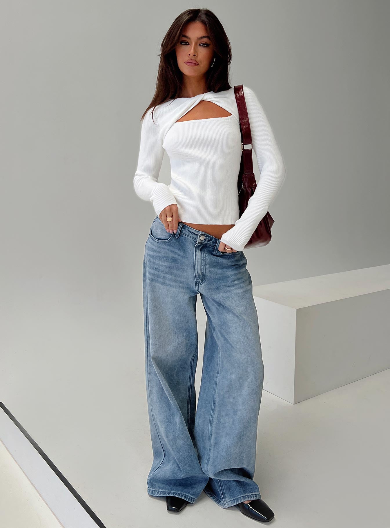 front view of model wearing Princess Polly Malgit Long Sleeve Top White Full Sleeves High Neck 