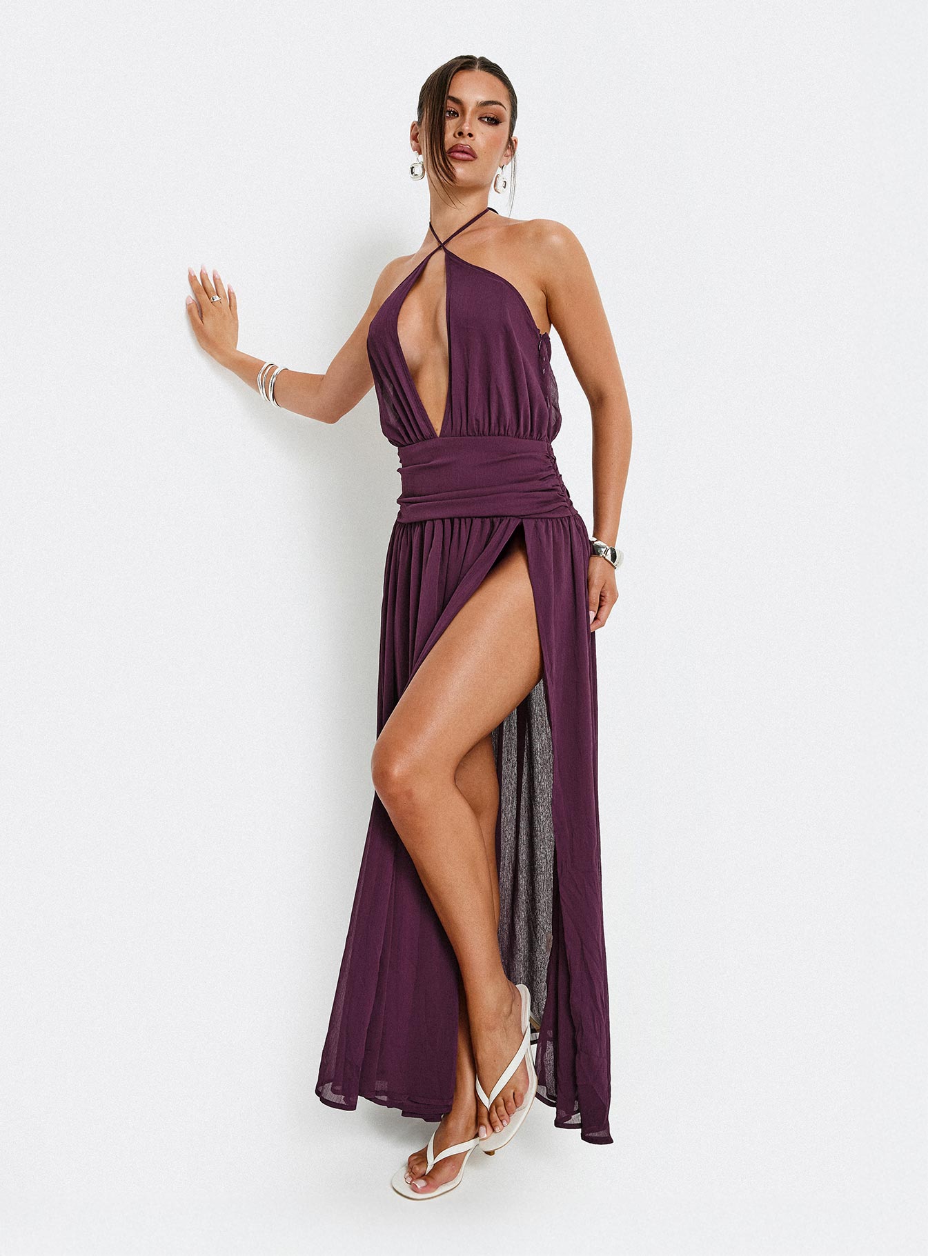 Catherina Blouson Halter Maxi Dress Deep Purple