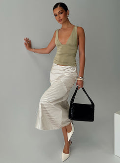   side view of model wearing Princess Polly Priscella Asymmetrical Midi Skirt Multi Midi Skirts 