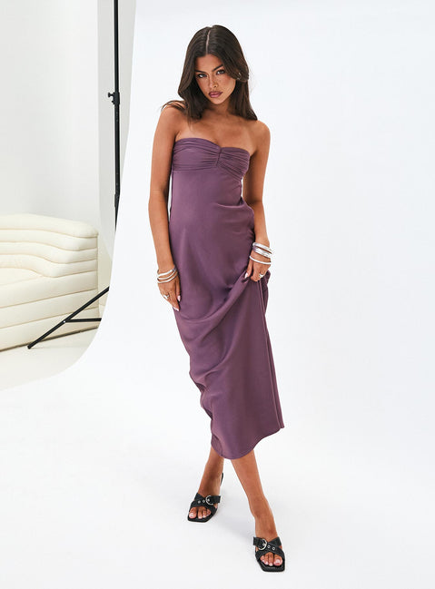 side view of model wearing Princess Polly Maryska Strapless Maxi Dress Purple Sweetheart Neckline 