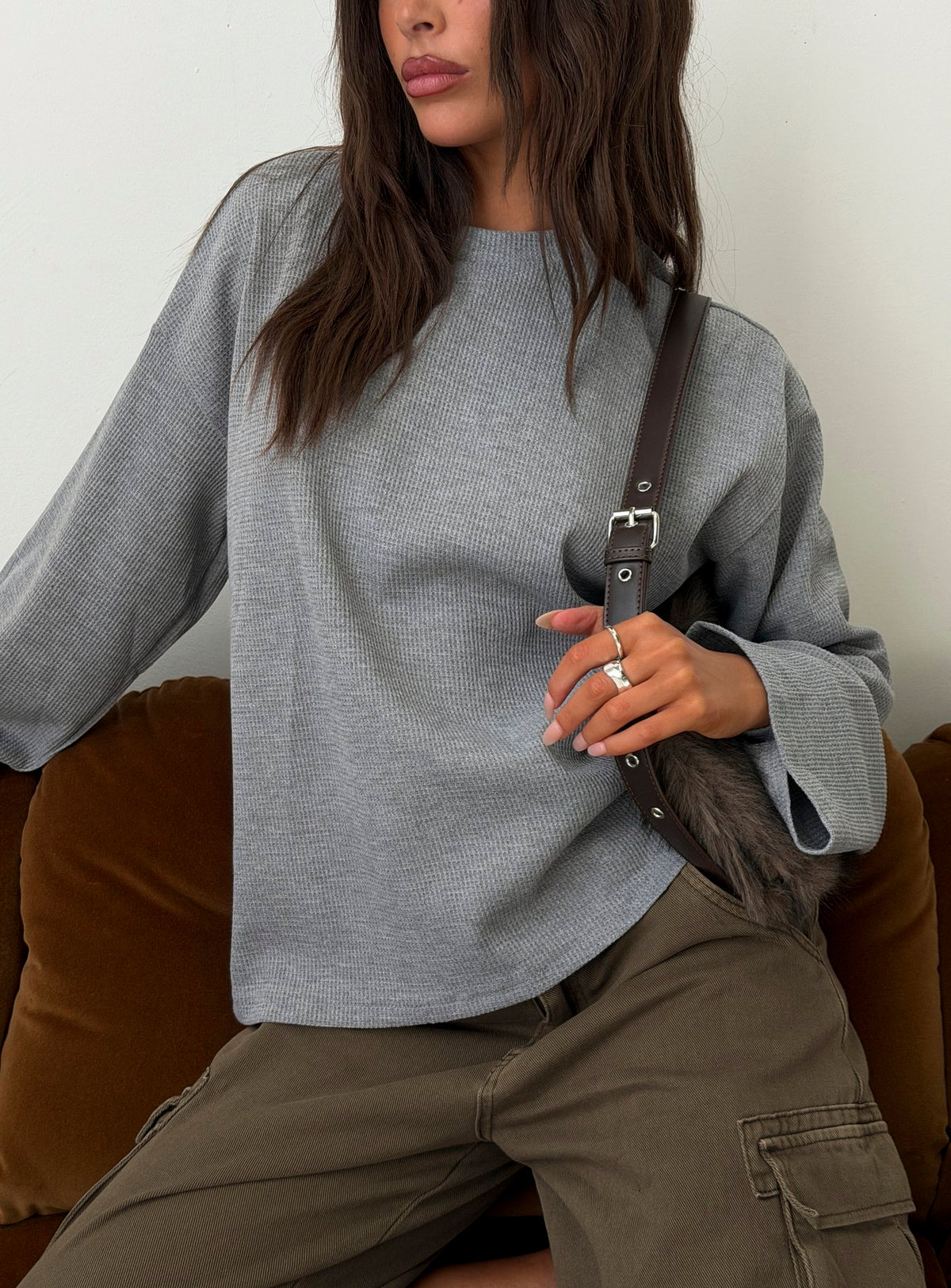 Arlla Waffle Jersey Long Sleeve Top Grey