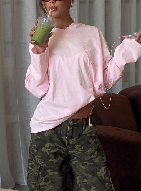 Settle Down Long Sleeve V Neck Top Soft Pink