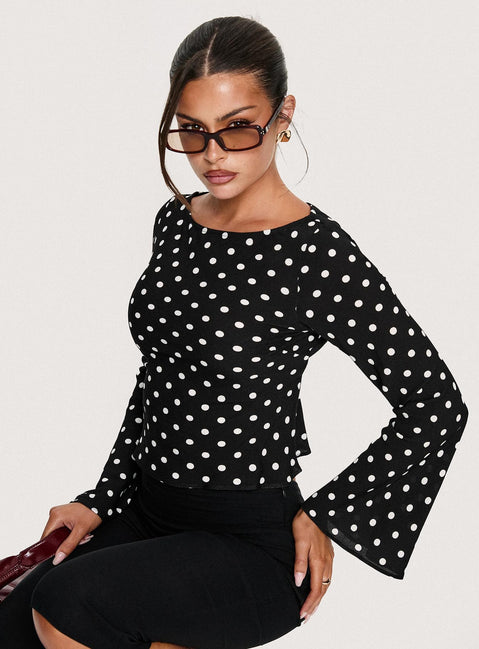Lady Lady Long Sleeve Backless Top Black / White Polka
