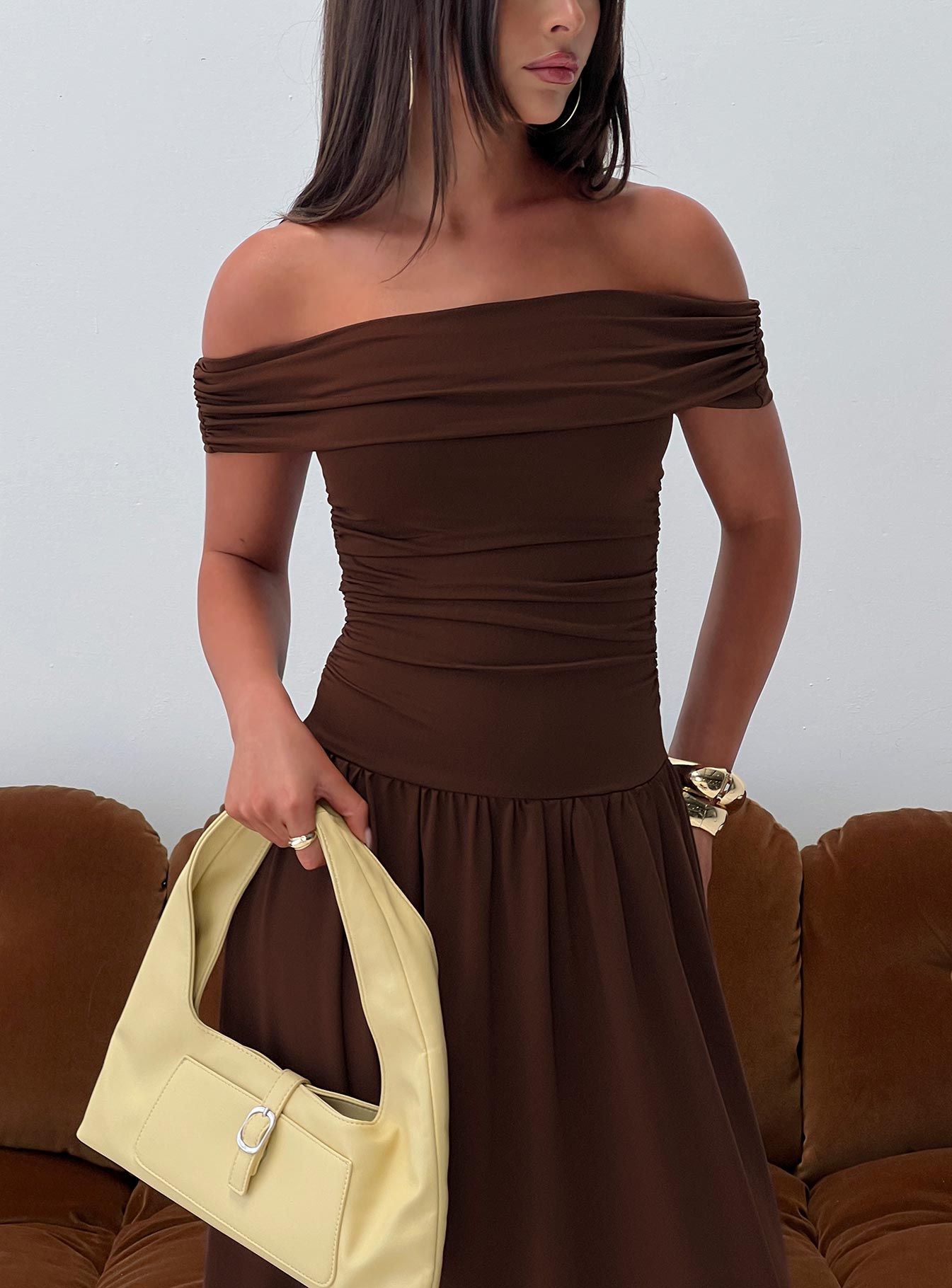 chocolate off the shoulder dress Chocolate-colored off-the-shoulder dress