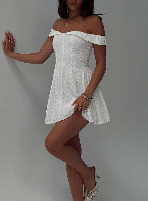 Rosebud Broderie Off The Shoulder Mini Dress | White | Womens | Princess Polly Rosebud Broderie Off The Shoulder Mini Dress | White | Womens | Princess Polly
