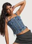 Denim top Adjustable straps, button fastening, twin pockets with exposed zip closure