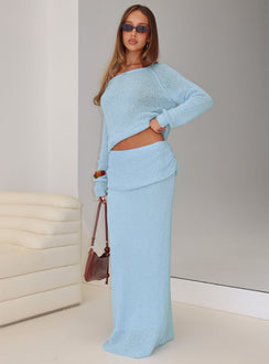   front view of model wearing Princess Polly Tessira Boucle Maxi Skirt Blue Maxi 