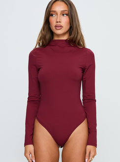 front view of model wearing Princess Polly Augustness Long Sleeve Bodysuit Burgundy Long Sleeve Tops 