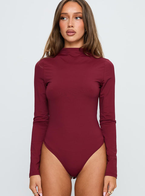 front view of model wearing Princess Polly Augustness Long Sleeve Bodysuit Burgundy Long Sleeve Tops 