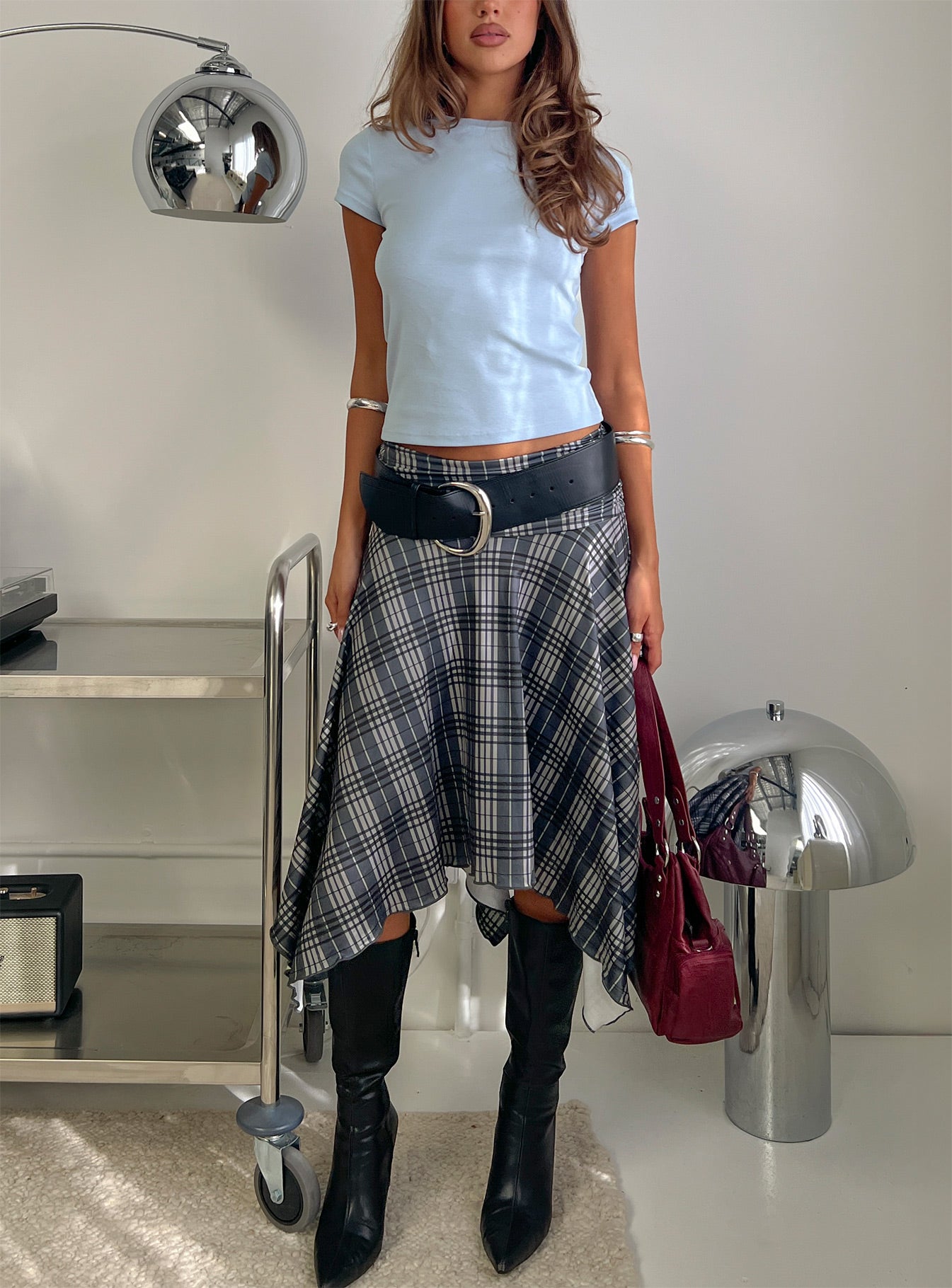 back view of model wearing Princess Polly Prestige Longline Baby Tee Soft Blue Short Sleeves Crew Neck 