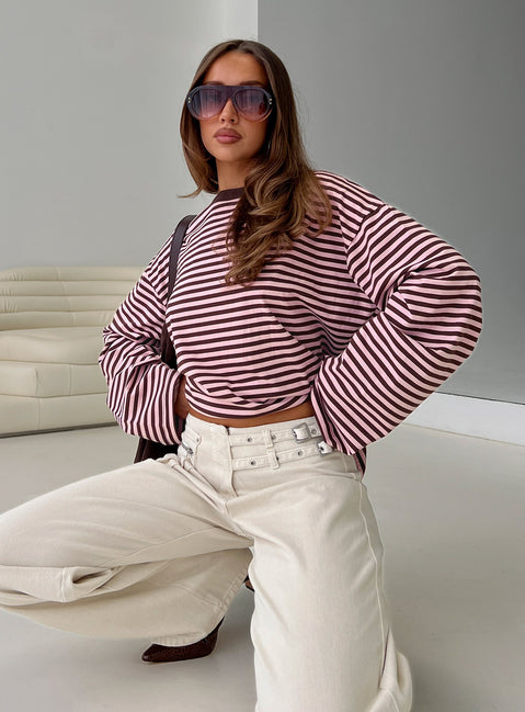 Settle Down Long Sleeve Top Pink / Brown Stripe