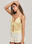 back view of model wearing Princess Polly CHANTRIA LACE TOP YELLOW Sleeveless Plunger 