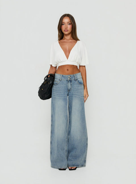 Ramos Low Rise Double Button Wide Leg Jeans Light Vintage Blue