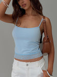 front view of model wearing Princess Polly Vikha Top Blue Sleeveless Square Neck 