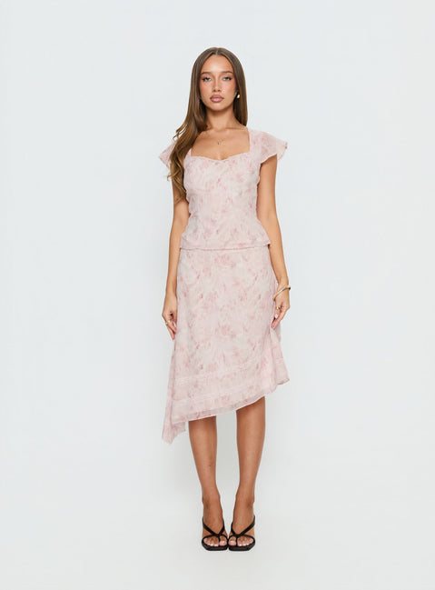   front view of model wearing Princess Polly Avaline Asymmetrical Midi Skirt Pink 