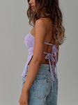 side view of model wearing Princess Polly Diamanta Top Lilac Sleeveless straight 