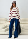 front view of model wearing Princess Polly Forte Knit Sweater Red / Cream Long 