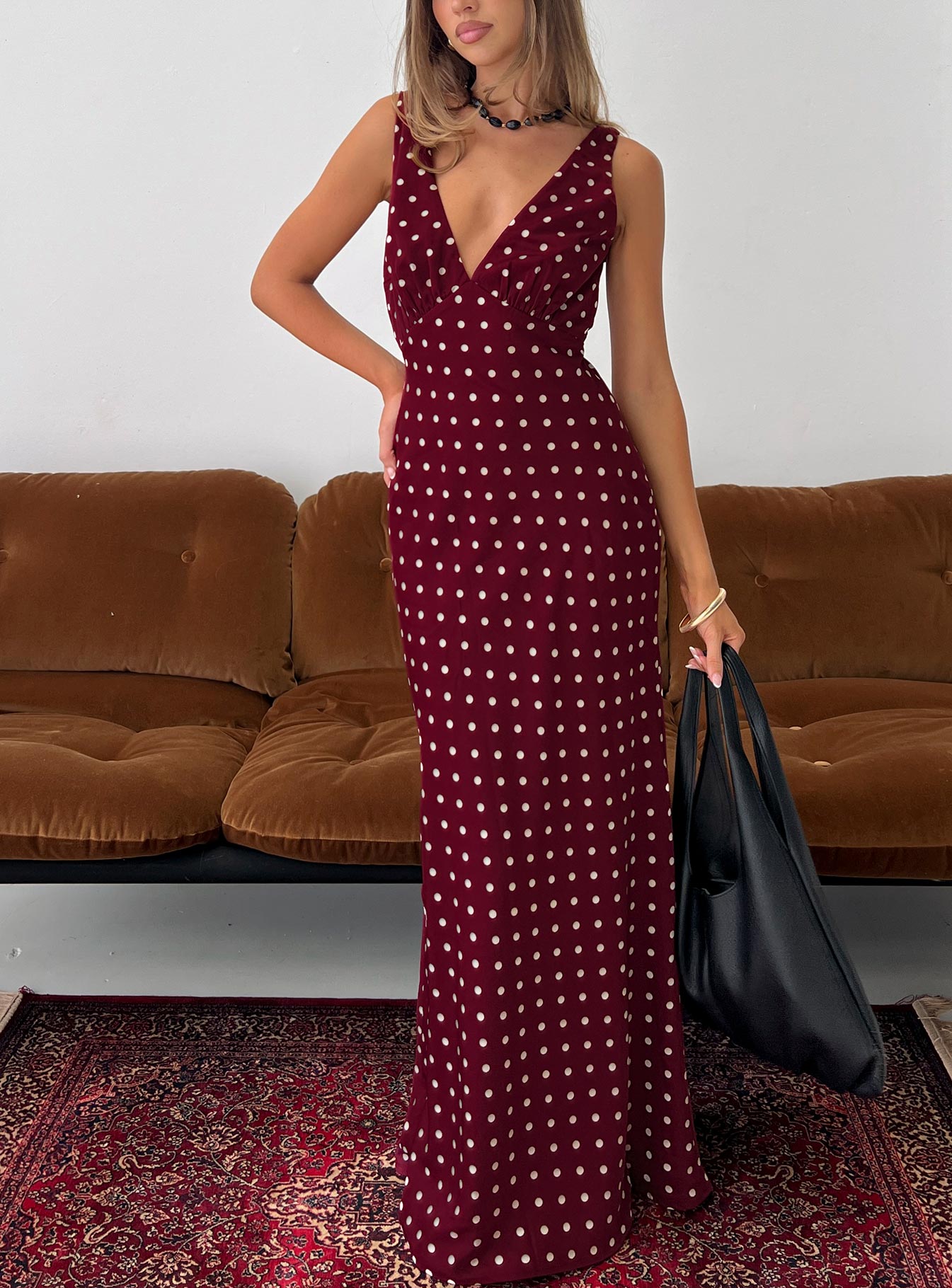 Nellie Maxi Dress Burgundy Polka Dot | Princess Polly Nellie Maxi Dress Burgundy Polka Dot | Princess Polly