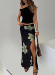 back view of model wearing Princess Polly Cooperi Maxi Skirt Black Floral Maxi 