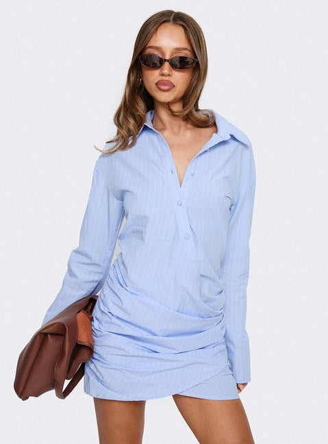 Well Versed Long Sleeve Ruched Shirt Mini Dress | Blue | Womens | Princess Polly Well Versed Long Sleeve Ruched Shirt Mini Dress | Blue | Womens | Princess Polly