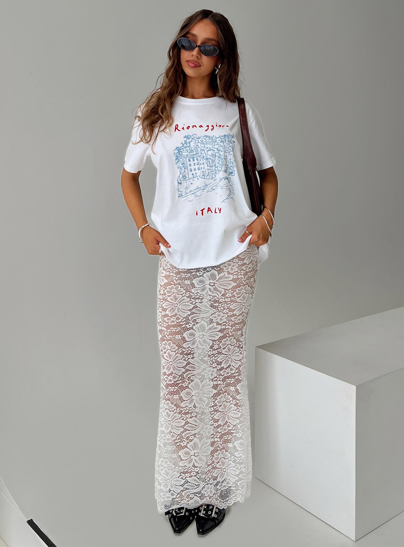   front view of model wearing Princess Polly Lombardio Lace Maxi Skirt White Maxi 
