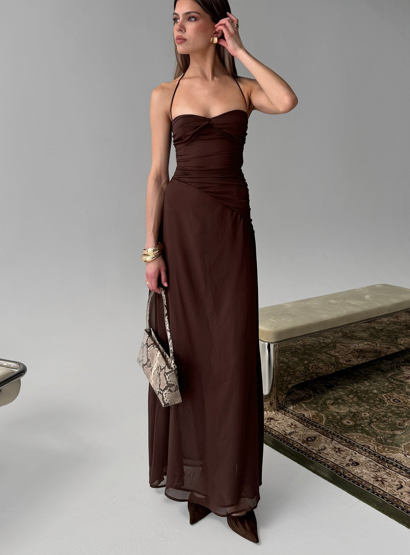 Kaemila Halter Chiffon Maxi Dress Brown | Princess Polly Kaemila Halter Chiffon Maxi Dress Brown | Princess Polly
