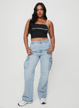 Mid-wash denim cargo jeans Belt looped waist, zip and button fastening, five pocket design, straight leg