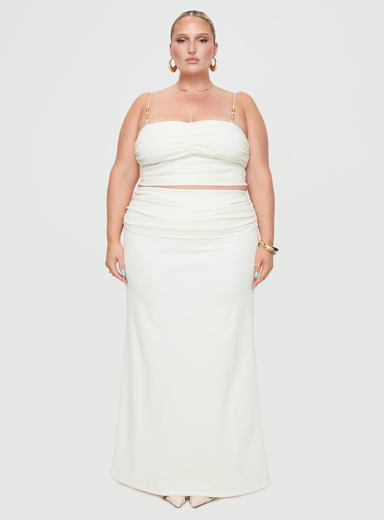 Cream two piece set Crop top,&nbsp;elasticated shoulder straps, pinched bust, beaded detail