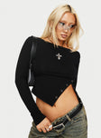 back view of model wearing Princess Polly Karre Off The Shoulder Long Sleeve Top Black Full Sleeves Asymmetric Neckline 