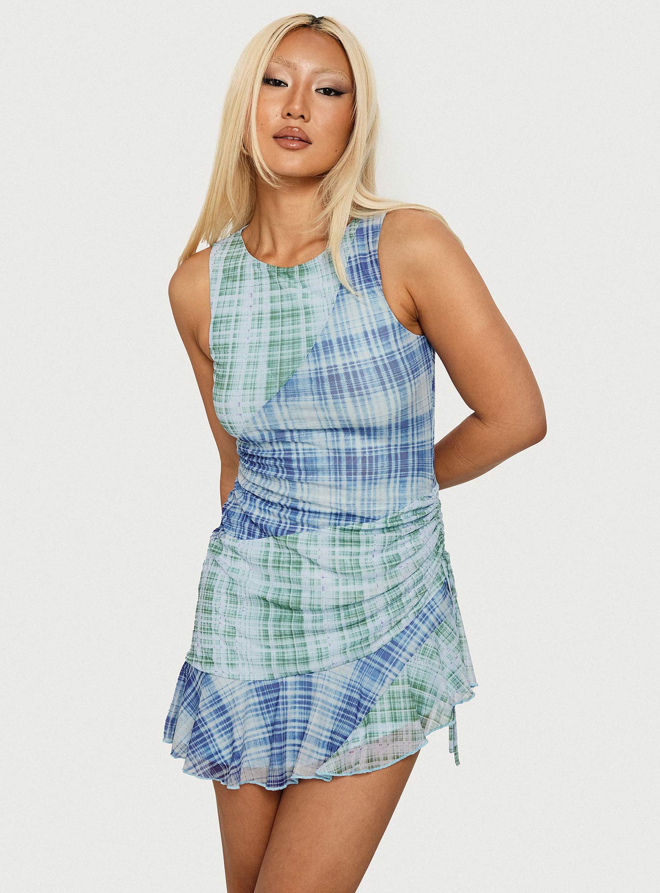 Timelapse Asymmetrical Splice Mini Dress Blue / Green Plaid | Princess Polly Timelapse Asymmetrical Splice Mini Dress Blue / Green Plaid | Princess Polly
