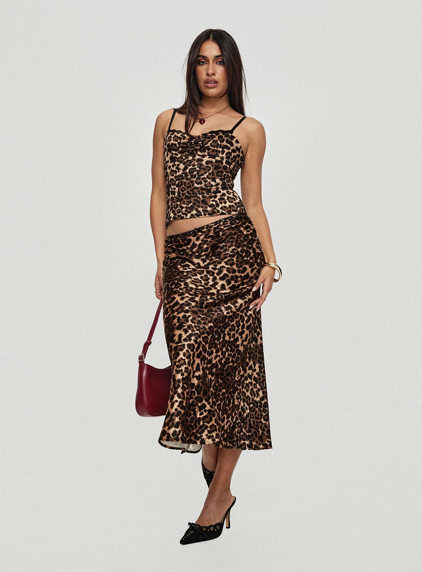 front view of model wearing Princess Polly Enigmatic Cami Top Leopard Sleeveless Sweetheart 