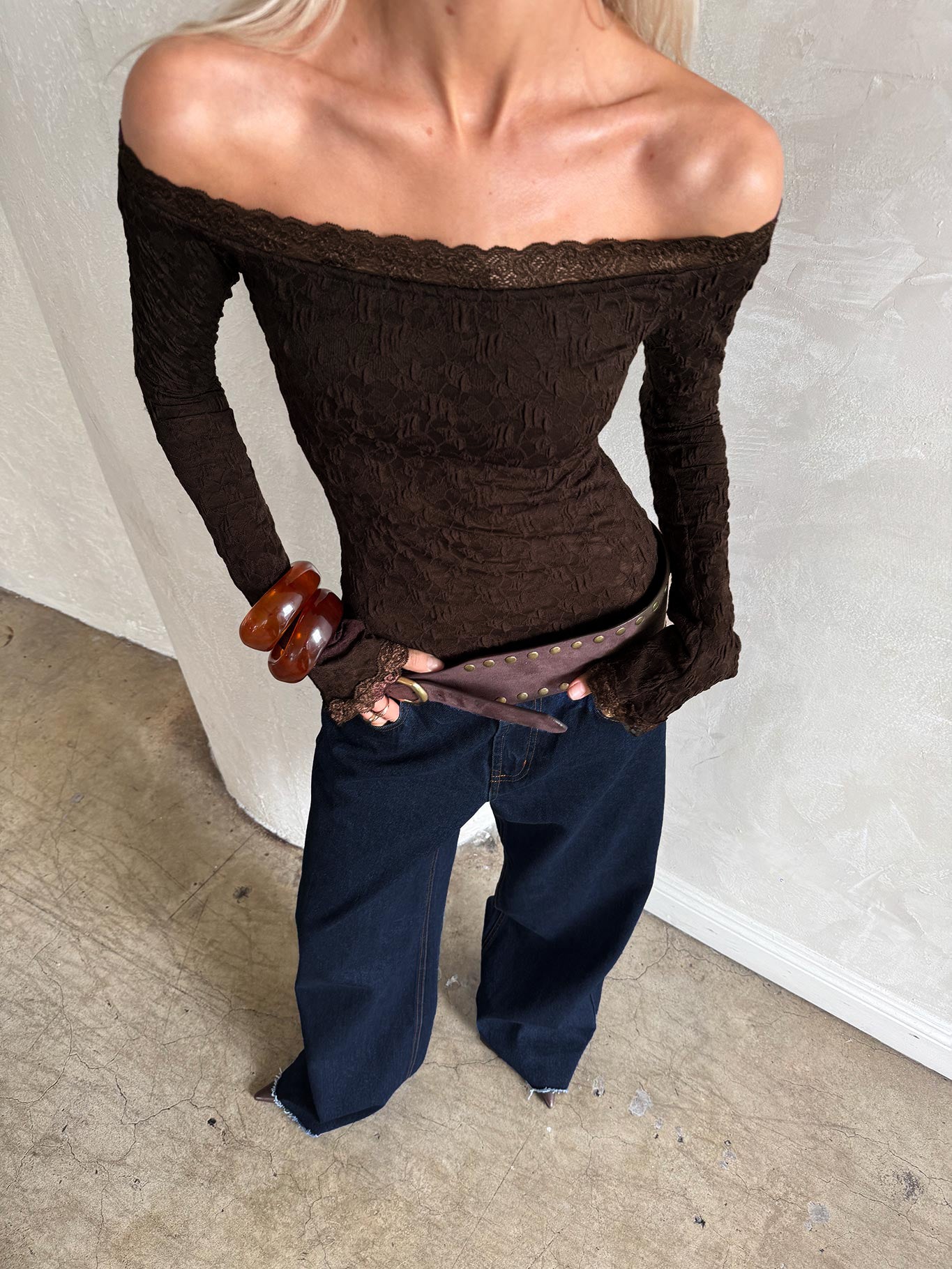 Mochapella Off The Shoulder Top Brown