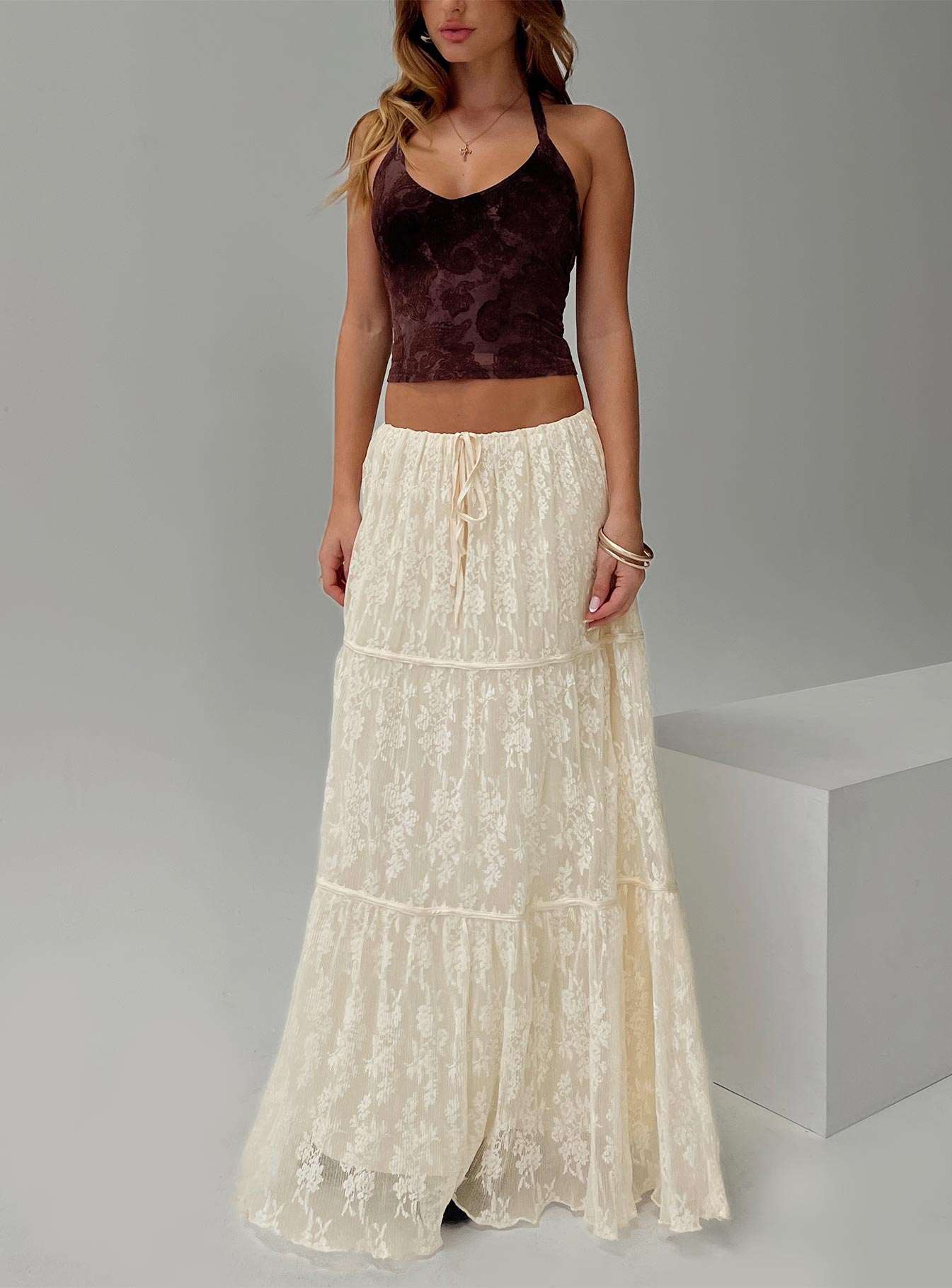 front view of model wearing Princess Polly Zyraelyn Top Multi Sleeveless Scoop Neck 