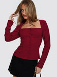 front view of model wearing Princess Polly Gaskin Long Sleeve Top Burgundy Full Sleeves Square Neck 