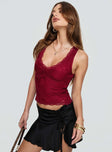 back view of model wearing Princess Polly Far Away Top Burgundy Sleeveless V-Neck 