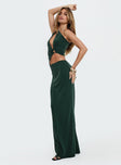 side view of model wearing Princess Polly Diablo Cut Out Maxi Dress Forest Green Asymmetric Neckline 