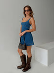 Denim mini dress Scooped neckline, fixed straps, exposed zip fastening, contrast stitching detail Slight stretch, unlined 