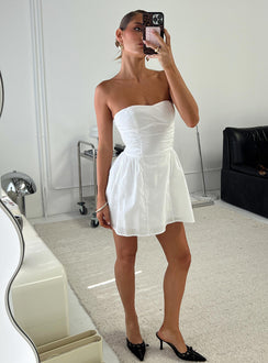 front view of model wearing Princess Polly Sybille Strapless Mini Dress White Sweetheart Neckline 